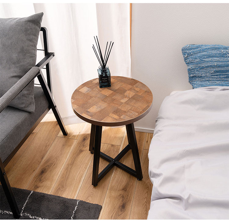 サイドテーブル Sサイズ ナイトテーブル 机 おしゃれ 丸型 円形 木目調 スチール 黒フレーム シンプル モダン インダストリアル ナチュラル ブラウン ホワイト 白 新生活(代引不可)