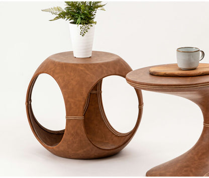 サイドテーブル PT-367 東谷 サイドテーブル おしゃれ 丸 ソフトレザー ベッド ソファ横 ソファー ソファーサイドテーブル テーブル ラウンド ステッチ 合皮 ブラウン 茶色 グレー モダン(代引不可)