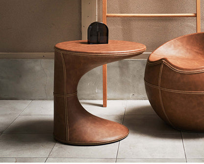 サイドテーブル PT-368 東谷 サイドテーブル おしゃれ 丸 ソフトレザー ベッド ソファ横 ソファー ソファーサイドテーブル テーブル ラウンド ステッチ 合皮 ブラウン 茶色 グレー モダン(代引不可)