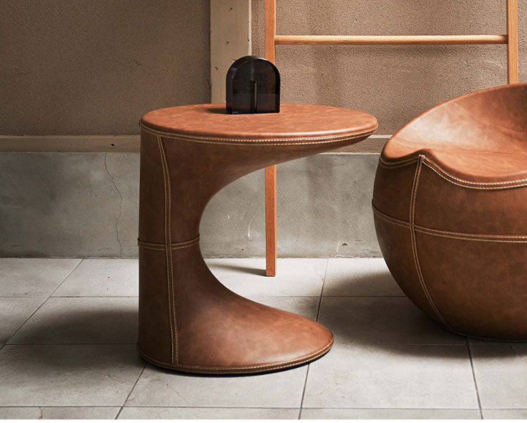 サイドテーブル PT-368 東谷 サイドテーブル おしゃれ 丸 ソフトレザー ベッド ソファ横 ソファー ソファーサイドテーブル テーブル ラウンド ステッチ 合皮 ブラウン 茶色 グレー モダン(代引不可)
