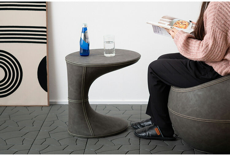 サイドテーブル PT-368 東谷 サイドテーブル おしゃれ 丸 ソフトレザー ベッド ソファ横 ソファー ソファーサイドテーブル テーブル ラウンド ステッチ 合皮 ブラウン 茶色 グレー モダン(代引不可)