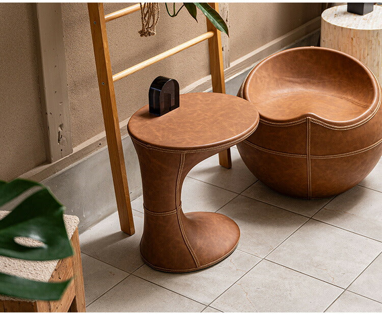 サイドテーブル PT-368 東谷 サイドテーブル おしゃれ 丸 ソフトレザー ベッド ソファ横 ソファー ソファーサイドテーブル テーブル ラウンド ステッチ 合皮 ブラウン 茶色 グレー モダン(代引不可)