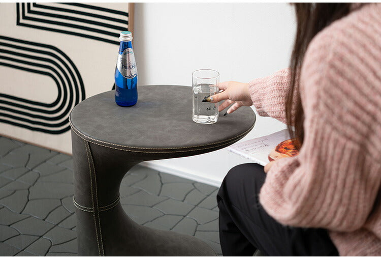 サイドテーブル PT-368 東谷 サイドテーブル おしゃれ 丸 ソフトレザー ベッド ソファ横 ソファー ソファーサイドテーブル テーブル ラウンド ステッチ 合皮 ブラウン 茶色 グレー モダン(代引不可)