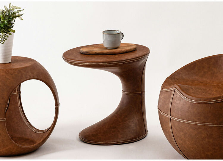 サイドテーブル PT-368 東谷 サイドテーブル おしゃれ 丸 ソフトレザー ベッド ソファ横 ソファー ソファーサイドテーブル テーブル ラウンド ステッチ 合皮 ブラウン 茶色 グレー モダン(代引不可)