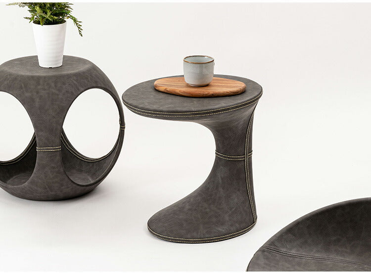 サイドテーブル PT-368 東谷 サイドテーブル おしゃれ 丸 ソフトレザー ベッド ソファ横 ソファー ソファーサイドテーブル テーブル ラウンド ステッチ 合皮 ブラウン 茶色 グレー モダン(代引不可)