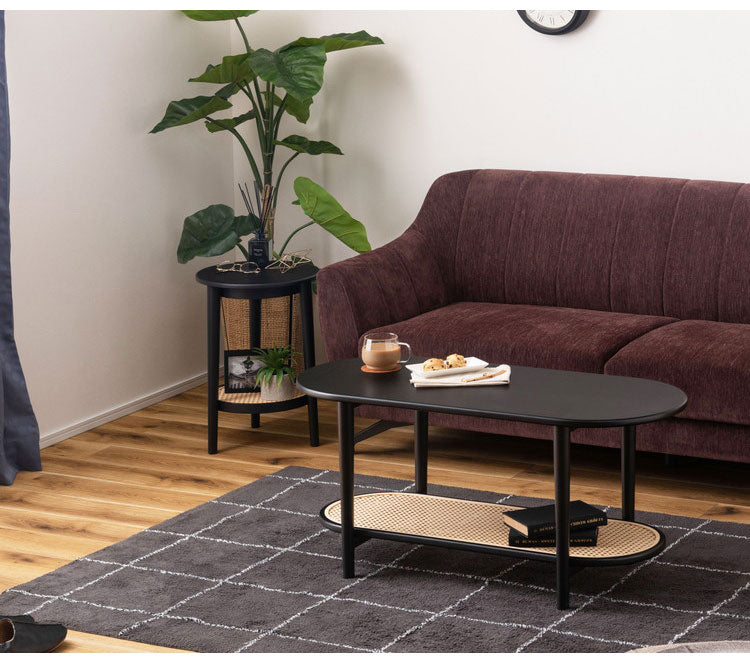 サイドテーブル テーブル サイドテーブル ラタン 二段 2段 丸 円 北欧 韓国インテリア シンプル ナチュラル 寝室 ソファーサイド ブラック 黒 インテリア おしゃれ 北欧 一人暮らし 新生活(代引不可)