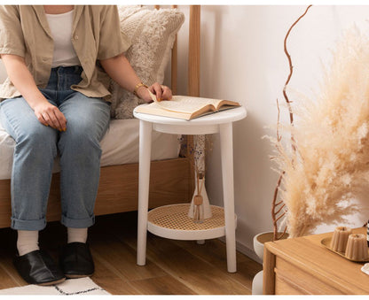 サイドテーブル テーブル サイドテーブル ラタン 二段 2段 丸 円 北欧 韓国インテリア シンプル ナチュラル 寝室 ソファーサイド ブラック 黒 インテリア おしゃれ 北欧 一人暮らし 新生活(代引不可)