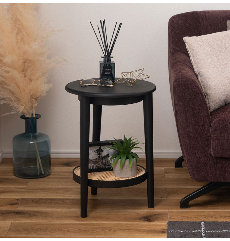 サイドテーブル テーブル サイドテーブル ラタン 二段 2段 丸 円 北欧 韓国インテリア シンプル ナチュラル 寝室 ソファーサイド ブラック 黒 インテリア おしゃれ 北欧 一人暮らし 新生活(代引不可)