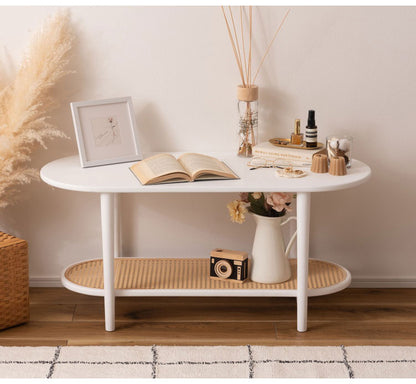 リビングテーブル テーブル リビングテーブル センターテーブル 飾り棚 楕円 丸 ラタン 二段 2段 北欧 韓国インテリア シンプル ナチュラル 寝室 ソファーサイド ブラック 黒(代引不可)