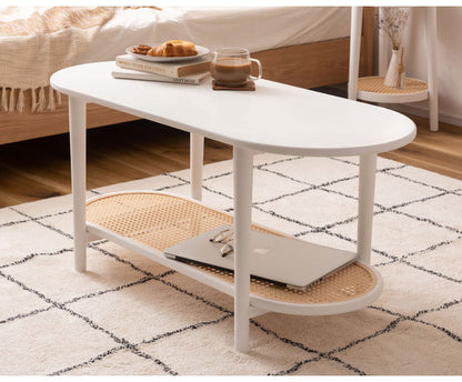 リビングテーブル テーブル リビングテーブル センターテーブル 飾り棚 楕円 丸 ラタン 二段 2段 北欧 韓国インテリア シンプル ナチュラル 寝室 ソファーサイド ブラック 黒(代引不可)