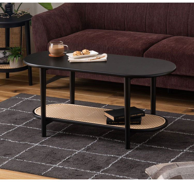 リビングテーブル テーブル リビングテーブル センターテーブル 飾り棚 楕円 丸 ラタン 二段 2段 北欧 韓国インテリア シンプル ナチュラル 寝室 ソファーサイド ブラック 黒(代引不可)