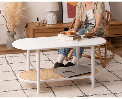 リビングテーブル テーブル リビングテーブル センターテーブル 飾り棚 楕円 丸 ラタン 二段 2段 北欧 韓国インテリア シンプル ナチュラル 寝室 ソファーサイド ブラック 黒(代引不可)