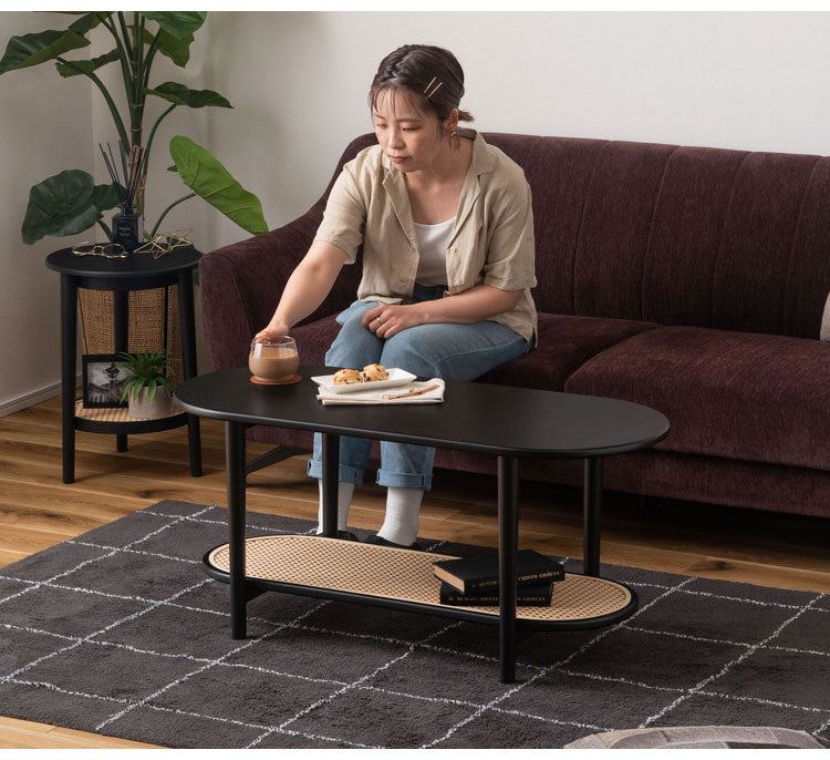 リビングテーブル テーブル リビングテーブル センターテーブル 飾り棚 楕円 丸 ラタン 二段 2段 北欧 韓国インテリア シンプル ナチュラル 寝室 ソファーサイド ブラック 黒(代引不可)