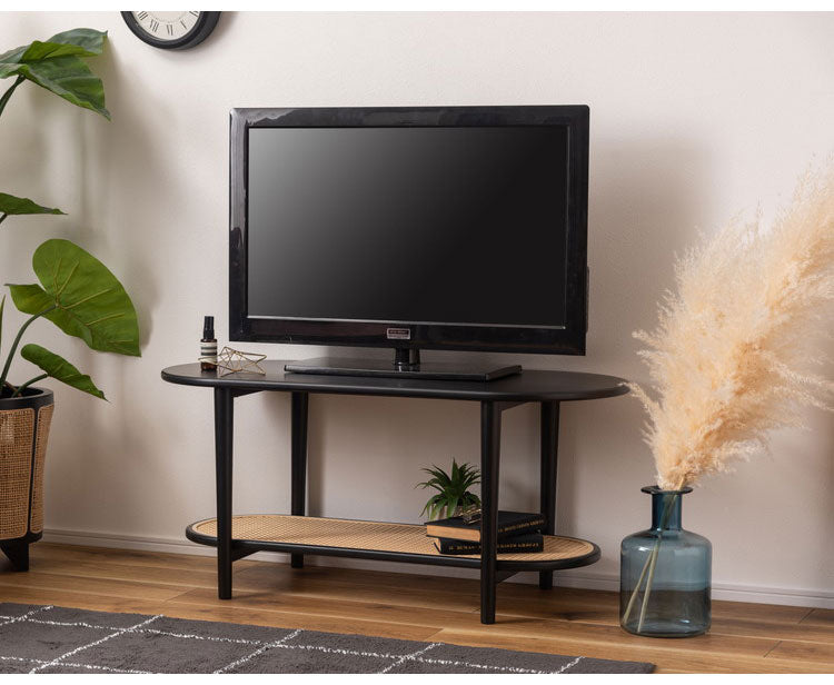 リビングテーブル テーブル リビングテーブル センターテーブル 飾り棚 楕円 丸 ラタン 二段 2段 北欧 韓国インテリア シンプル ナチュラル 寝室 ソファーサイド ブラック 黒(代引不可)