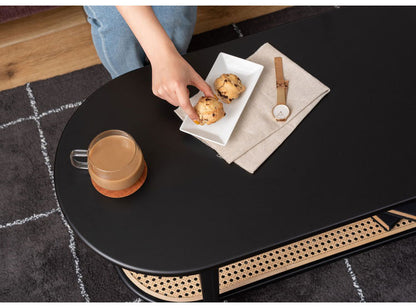 リビングテーブル テーブル リビングテーブル センターテーブル 飾り棚 楕円 丸 ラタン 二段 2段 北欧 韓国インテリア シンプル ナチュラル 寝室 ソファーサイド ブラック 黒(代引不可)