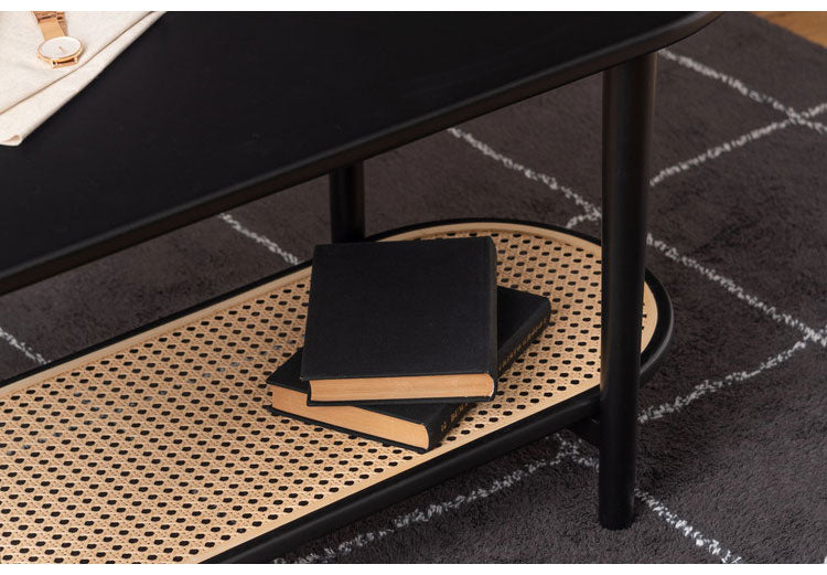 リビングテーブル テーブル リビングテーブル センターテーブル 飾り棚 楕円 丸 ラタン 二段 2段 北欧 韓国インテリア シンプル ナチュラル 寝室 ソファーサイド ブラック 黒(代引不可)