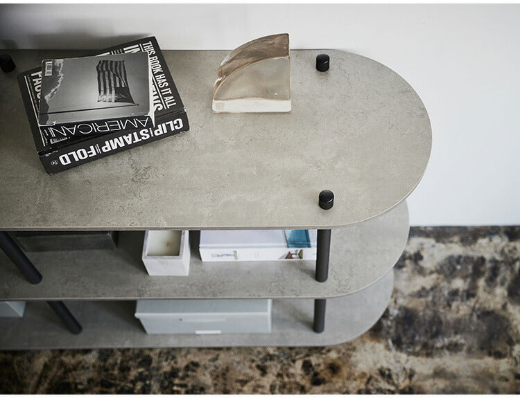 オープンラック3段 PT-564 東谷 オープンラック ラック 収納棚 ディスプレイラック 大理石調 石目調 3段 シック モダン 黒 ブラック 楕円形 ストーン柄 リビング 見せる収納 スチール脚(代引不可)