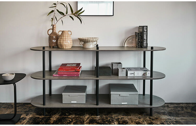 オープンラック3段 PT-564 東谷 オープンラック ラック 収納棚 ディスプレイラック 大理石調 石目調 3段 シック モダン 黒 ブラック 楕円形 ストーン柄 リビング 見せる収納 スチール脚(代引不可)