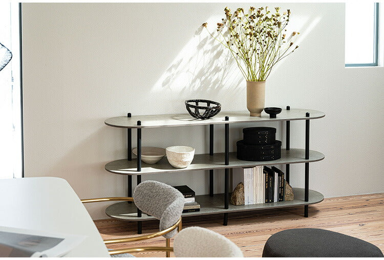 オープンラック3段 PT-564 東谷 オープンラック ラック 収納棚 ディスプレイラック 大理石調 石目調 3段 シック モダン 黒 ブラック 楕円形 ストーン柄 リビング 見せる収納 スチール脚(代引不可)