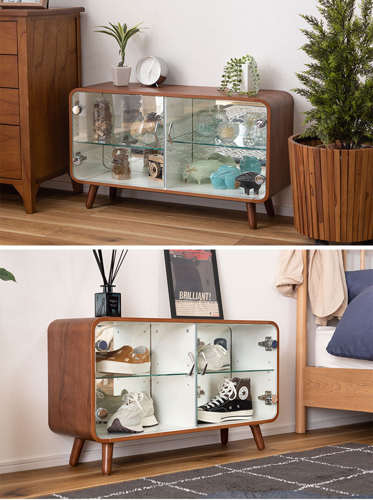 コレクションシェルフ ラック 棚 収納 ミラー 鏡 フィギュアケース ガラス 2段 ロータイプ 木製 グッズ オタク 推し活(代引不可)