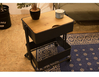 サイドワゴン デスクワゴン 木製 スチール キャビネット デスク キッチンワゴン 収納 キャスター付き ヴィンテージ 天然木(代引不可)