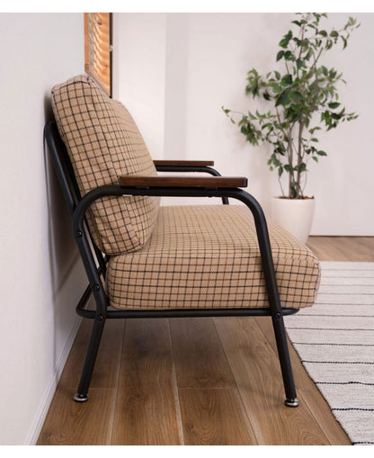 ソファ 2人掛け チェック柄 2人用 スチール パイプチェア おしゃれ 黒 ブラック 木肘 アーム付き 肘付き 肘掛け付き コンパクト レトロ 北欧 新生活(代引不可)