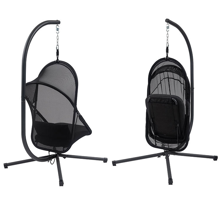 ハンギングチェア 自立式 折りたたみ式 ガーデン ベランダ チェア 椅子 イス アウトドア ルーフ付き おしゃれ 北欧 吊り下げ 日よけ リゾート おしゃれ 大きめ ゆったり メッシュ ブラック(代引不可)