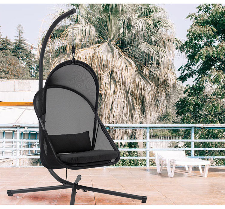 ハンギングチェア 自立式 折りたたみ式 ガーデン ベランダ チェア 椅子 イス アウトドア ルーフ付き おしゃれ 北欧 吊り下げ 日よけ リゾート おしゃれ 大きめ ゆったり メッシュ ブラック(代引不可)