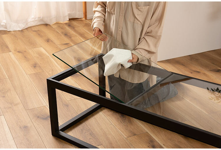 リビングテーブル ガラステーブル センターテーブル ローテーブル テーブル 天然木 幅110cm ナチュラル ブラック おしゃれ 北欧 モダン シンプル 強化ガラス(代引不可)