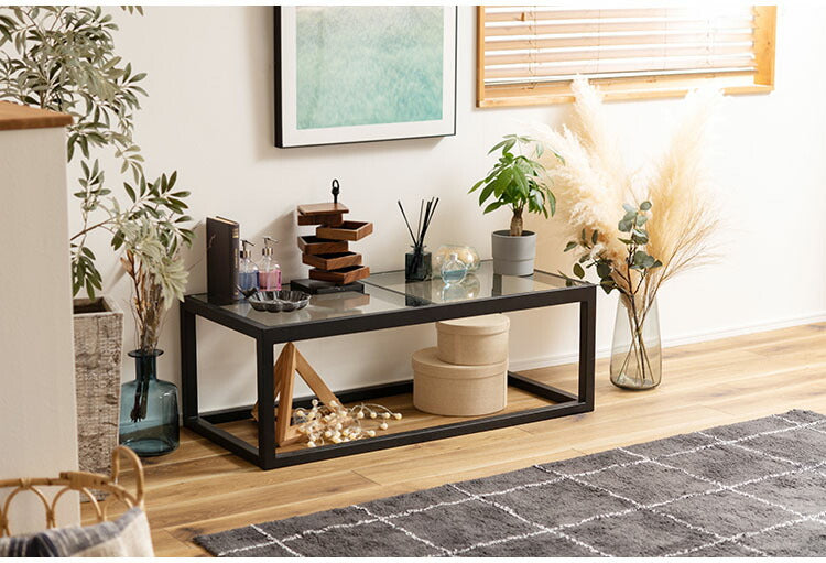 リビングテーブル ガラステーブル センターテーブル ローテーブル テーブル 天然木 幅110cm ナチュラル ブラック おしゃれ 北欧 モダン シンプル 強化ガラス(代引不可)