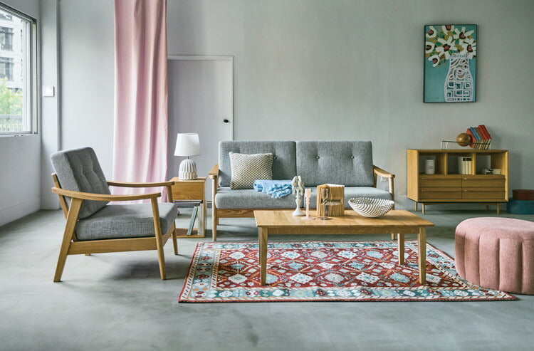 バッスム3人掛 ソファ グレー 完成品 クッション取り外し可 ソファー おしゃれ 家具 インテリア 天然木 アッシュ ウレタン塗装 ポリエステル コットン(代引不可)