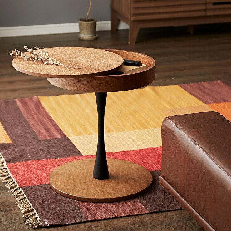 オーク材使用 サイドテーブル 円形 直径40cm 木製 天板下収納 ナイトテーブル おしゃれ 便利 丸型 テーブル 収納 カフェ(代引不可)