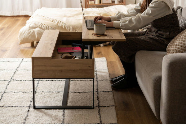 センターテーブル 幅90cm リビングテーブル 2WAY 収納 高さ調整 広々 ゆったり 一人暮らし リビング ソファ パソコン 作業 ブラウン ナチュラル(代引不可)