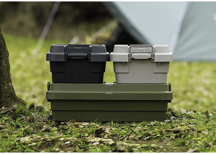 トランクカーゴ スタッキング 18L 収納 ロータイプ アウトドア キャンプ バーベキュー カーキ ブラック グレー 座れる 簡易椅子 ベルトガイド フタ 積み重ね(代引不可)