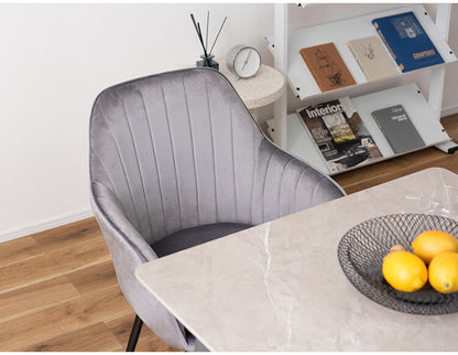 ダイニングチェア おしゃれ チェアー 椅子 イス スチール 脚 フレーム 黒 ブラック 布 ベロア アームチェア 肘あり 肘掛けあり 固定脚 食卓 可愛い 高級感 アンティーク シンプル エレガント(代引不可)