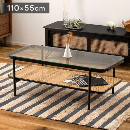 ガラステーブル ラタン 幅110cm リビングテーブル センターテーブル 籐 透け感 抜け感 おしゃれ シンプル ブラック 黒 ディスプレイ収納 棚 かっこいい モダン インダストリアル テーブル 机 つくえ(代引不可)