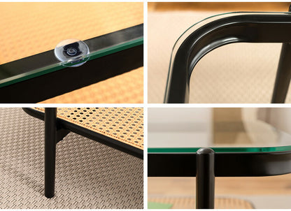 ガラステーブル ラタン 幅110cm リビングテーブル センターテーブル 籐 透け感 抜け感 おしゃれ シンプル ブラック 黒 ディスプレイ収納 棚 かっこいい モダン インダストリアル テーブル 机 つくえ(代引不可)