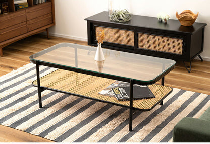 ガラステーブル ラタン 幅110cm リビングテーブル センターテーブル 籐 透け感 抜け感 おしゃれ シンプル ブラック 黒 ディスプレイ収納 棚 かっこいい モダン インダストリアル テーブル 机 つくえ(代引不可)