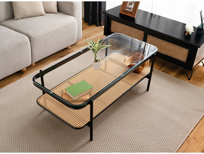 ガラステーブル ラタン 幅110cm リビングテーブル センターテーブル 籐 透け感 抜け感 おしゃれ シンプル ブラック 黒 ディスプレイ収納 棚 かっこいい モダン インダストリアル テーブル 机 つくえ(代引不可)