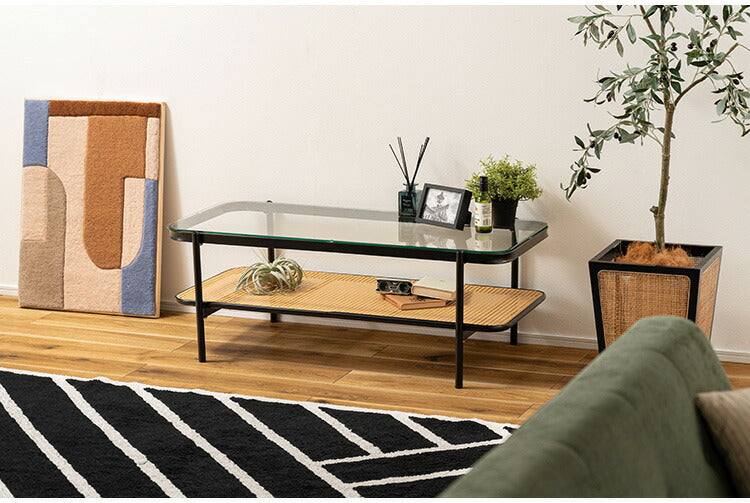 ガラステーブル ラタン 幅110cm リビングテーブル センターテーブル 籐 透け感 抜け感 おしゃれ シンプル ブラック 黒 ディスプレイ収納 棚 かっこいい モダン インダストリアル テーブル 机 つくえ(代引不可)