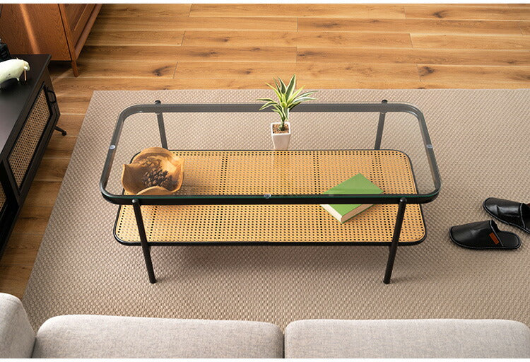 ガラステーブル ラタン 幅110cm リビングテーブル センターテーブル 籐 透け感 抜け感 おしゃれ シンプル ブラック 黒 ディスプレイ収納 棚 かっこいい モダン インダストリアル テーブル 机 つくえ(代引不可)