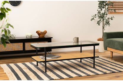 ガラステーブル ラタン 幅110cm リビングテーブル センターテーブル 籐 透け感 抜け感 おしゃれ シンプル ブラック 黒 ディスプレイ収納 棚 かっこいい モダン インダストリアル テーブル 机 つくえ(代引不可)