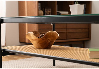 ガラステーブル ラタン 幅110cm リビングテーブル センターテーブル 籐 透け感 抜け感 おしゃれ シンプル ブラック 黒 ディスプレイ収納 棚 かっこいい モダン インダストリアル テーブル 机 つくえ(代引不可)