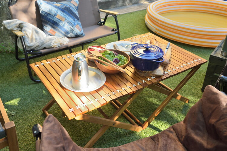 ロールトップテーブル ロールトップ テーブル 机 アウトドアテーブル フォールディングテーブル 折りたたみ アウトドア キャンプ ロータイプ 低い 低め 収納 持ち運び チーク材 本革 天然木 木製(代引不可)