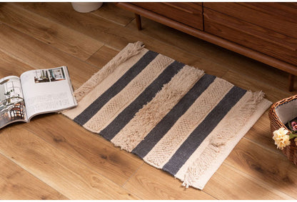 マット 幅50×奥行80cm 玄関マット ストライプ コットン 綿 ふわふわ かわいい おしゃれ 北欧 インテリア リビング ダイニング ナチュラル 手織り(代引不可)