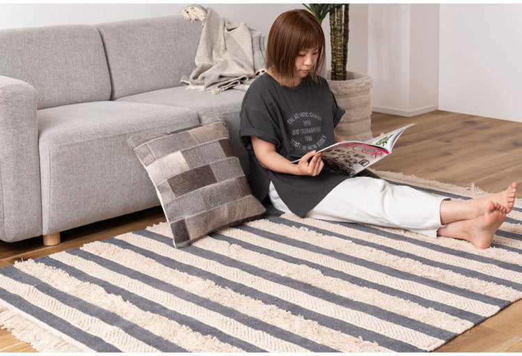 マット 幅130×奥行190cm 玄関マット ストライプ コットン 綿 ふわふわ かわいい おしゃれ 北欧 インテリア リビング ダイニング ナチュラル 手織り(代引不可)