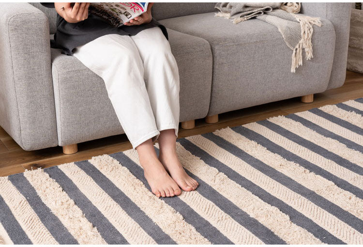 マット 幅130×奥行190cm 玄関マット ストライプ コットン 綿 ふわふわ かわいい おしゃれ 北欧 インテリア リビング ダイニング ナチュラル 手織り(代引不可)