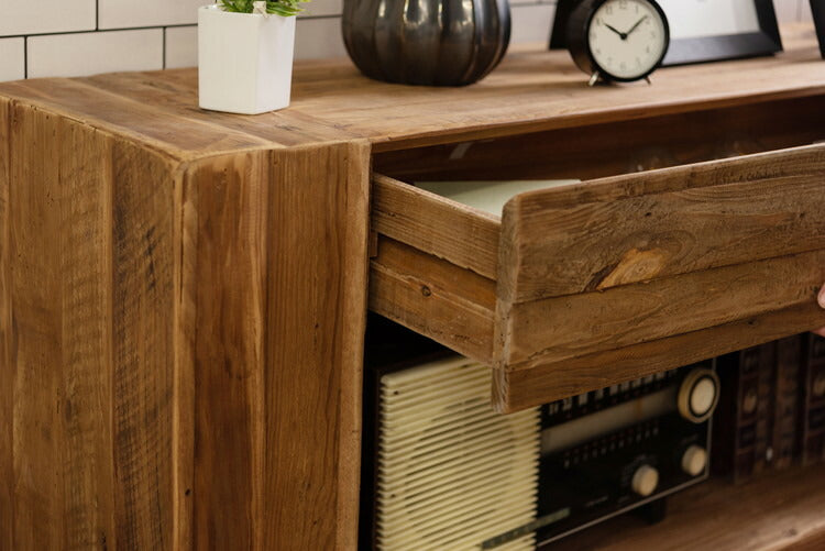 コンソール パイン古材 ラック 収納 ディスプレイ コレクション 引き出し付き 古材 天然木 パイン材 ナチュラル 面取り加工(代引不可)