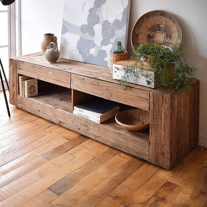 ローボード テレビボード 幅210センチ パイン古材 大型 ワイド テレビ台 AVボード TVラック 北欧 ブラウン ヴィンテージテレビ台 アジアン(代引不可)