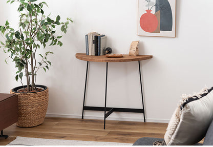 コンソール WE-8 東谷 コンソールテーブル テーブル 木製 幅83cm コンソール 天然木 無垢 パイン 古材 半円 三日月型 バックカウンター ソファ裏 ソファー 後ろ アイアン 脚 ブラック 黒(代引不可)